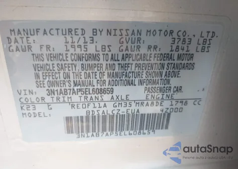 2014 Nissan Sentra S z USA, uszkodzony, nr VIN 3N1AB7AP5EL608659
